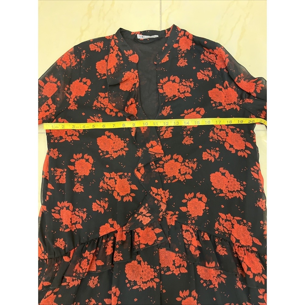 Zara Floral Mini Dress Womens L Black Red Rose Ruffle V-Neck Long Sleeve Good - Picture 4 of 11